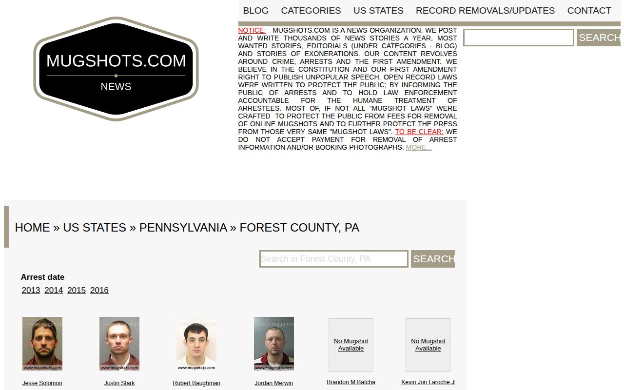 Forest County unofficial secondary mugshot-record page