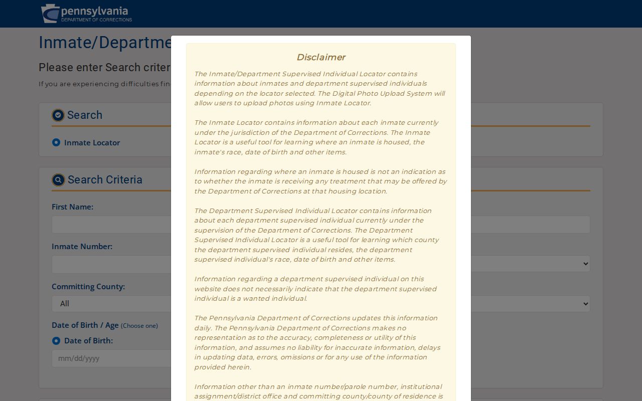 Pennsylvania Department of Corrections locator for Forest County state custody records